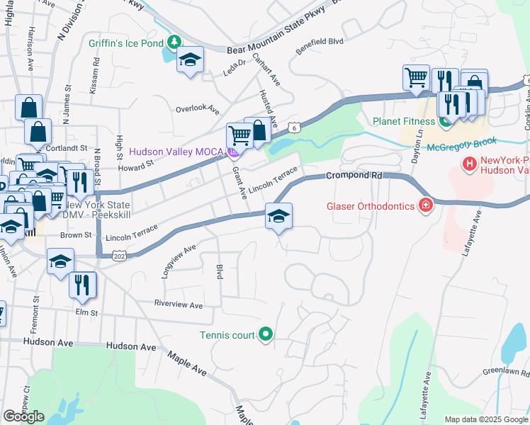 map of restaurants, bars, coffee shops, grocery stores, and more near 1532 East Boulevard in Peekskill