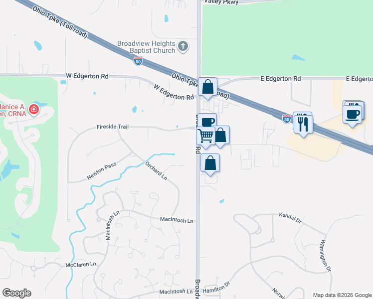 map of restaurants, bars, coffee shops, grocery stores, and more near 10080 Broadview Road in Broadview Heights