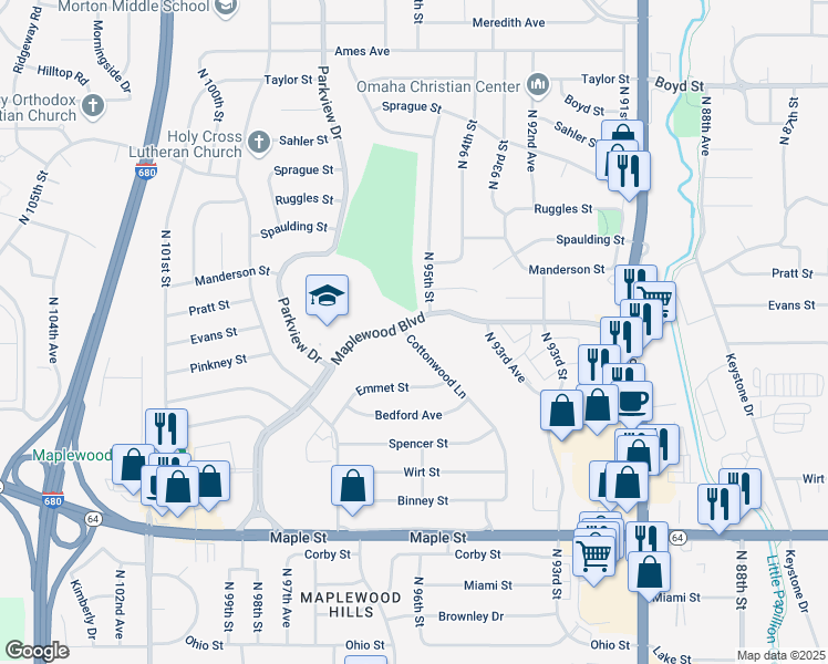 map of restaurants, bars, coffee shops, grocery stores, and more near 3426 Cottonwood Lane in Omaha