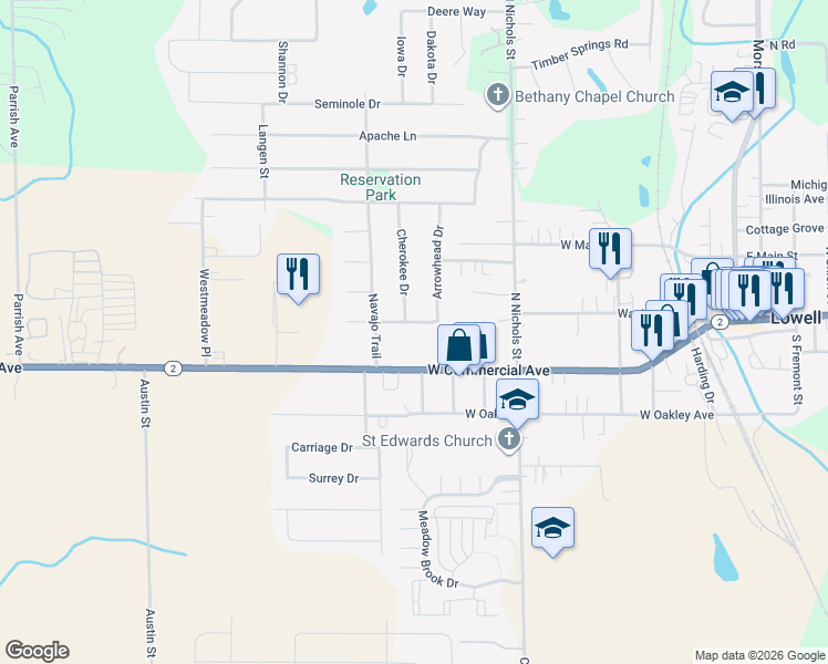 map of restaurants, bars, coffee shops, grocery stores, and more near 600 W Commercial Ave in Lowell