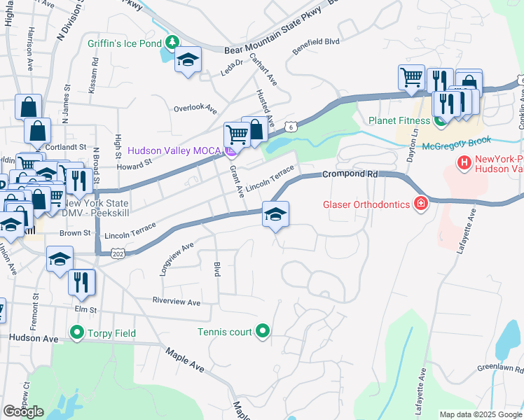 map of restaurants, bars, coffee shops, grocery stores, and more near 1532 East Boulevard in Peekskill