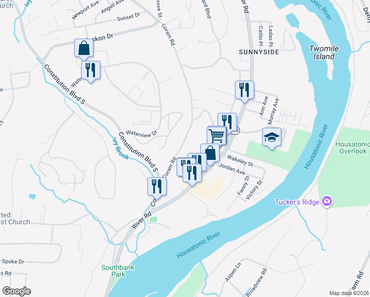 map of restaurants, bars, coffee shops, grocery stores, and more near 253 Coram Road in Shelton