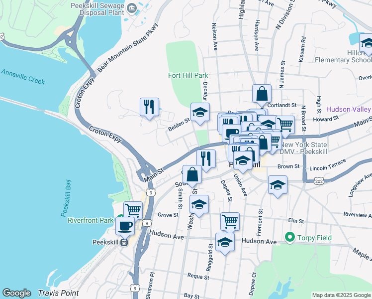 map of restaurants, bars, coffee shops, grocery stores, and more near 649 Main Street in Peekskill