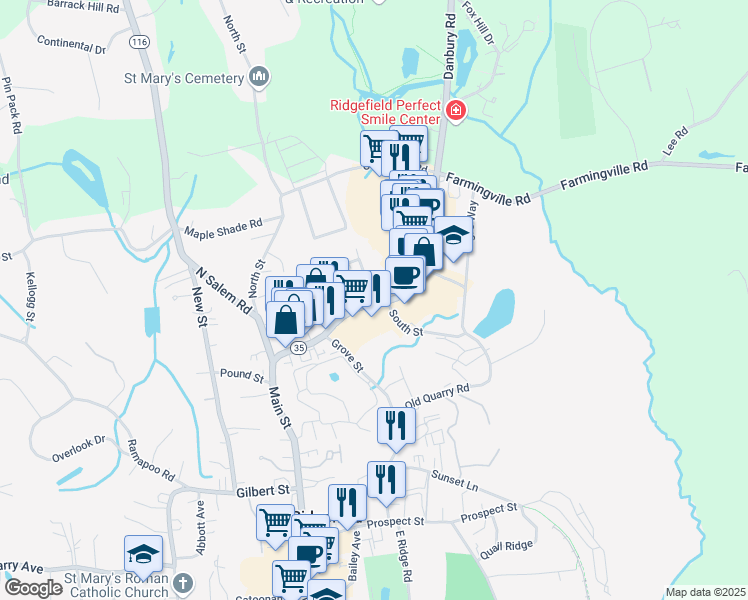 map of restaurants, bars, coffee shops, grocery stores, and more near 2 Island Hill Road in Ridgefield