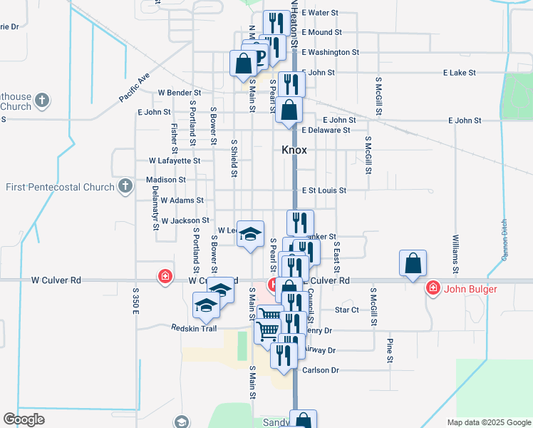 map of restaurants, bars, coffee shops, grocery stores, and more near 701 South Pearl Street in Knox