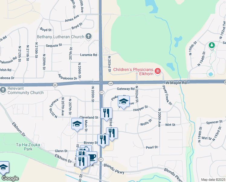 map of restaurants, bars, coffee shops, grocery stores, and more near 20244 Pinkney Street in Omaha