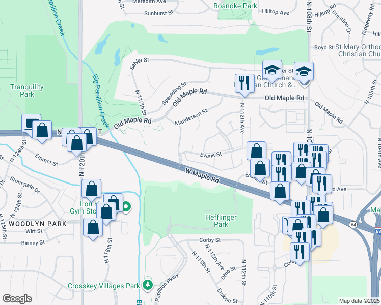 map of restaurants, bars, coffee shops, grocery stores, and more near 11402 Evans Street in Omaha