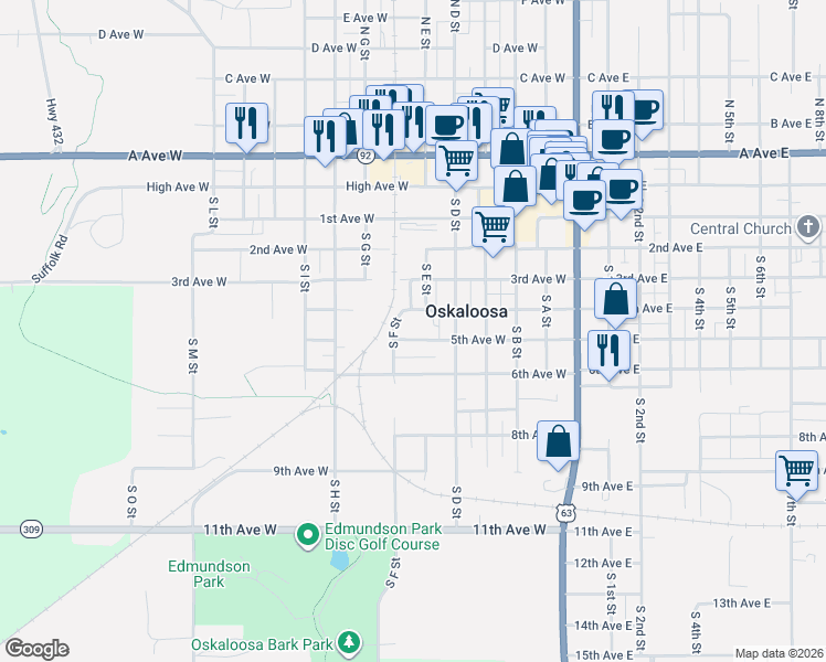 map of restaurants, bars, coffee shops, grocery stores, and more near 600-698 S F St in Oskaloosa