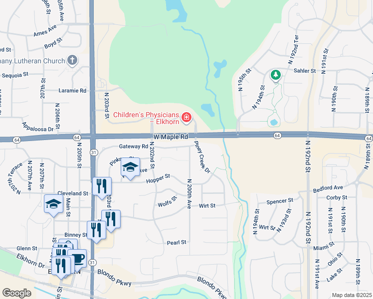 map of restaurants, bars, coffee shops, grocery stores, and more near 3512 North 200th Avenue in Omaha