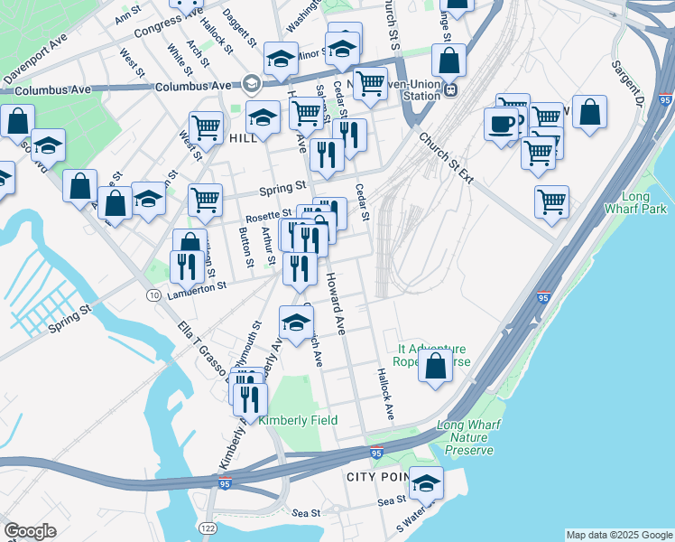 map of restaurants, bars, coffee shops, grocery stores, and more near 41 1st Street in New Haven