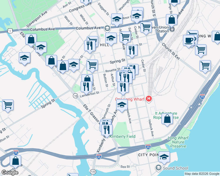 map of restaurants, bars, coffee shops, grocery stores, and more near 112 Lamberton Street in New Haven