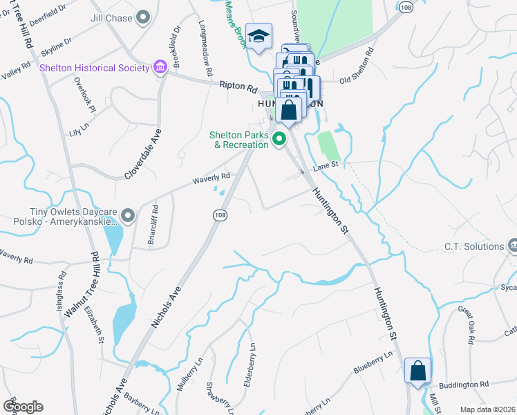 map of restaurants, bars, coffee shops, grocery stores, and more near 51 Sorghum Road in Shelton