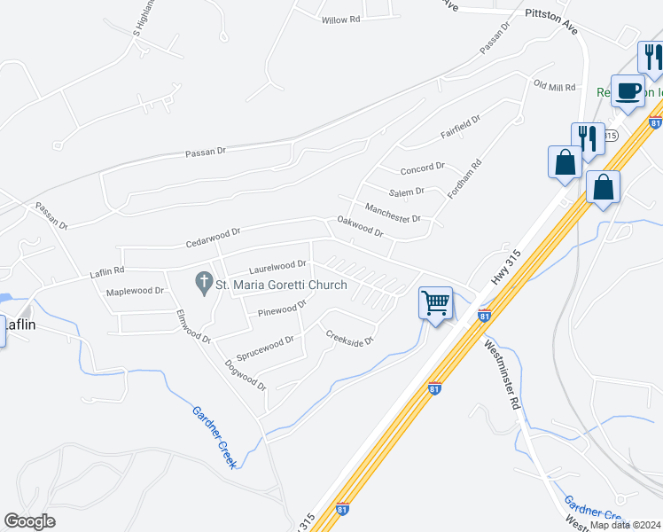 map of restaurants, bars, coffee shops, grocery stores, and more near 72 Pinewood Dr in Wilkes-Barre