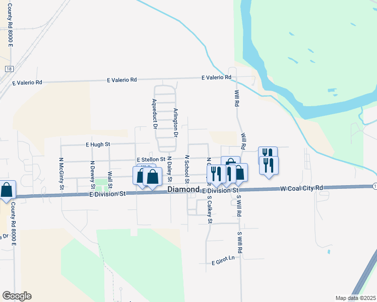 map of restaurants, bars, coffee shops, grocery stores, and more near 185 North School Street in Diamond
