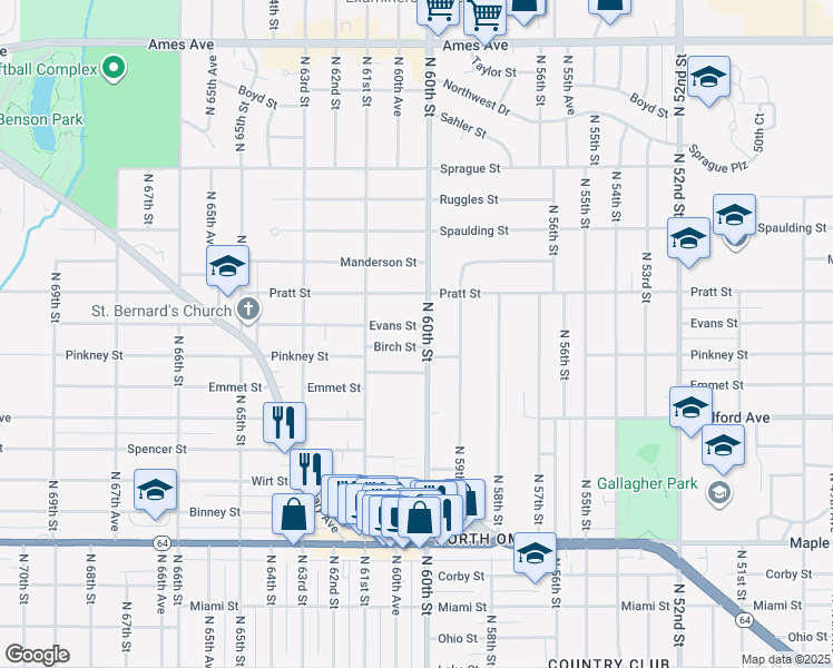 map of restaurants, bars, coffee shops, grocery stores, and more near in Omaha