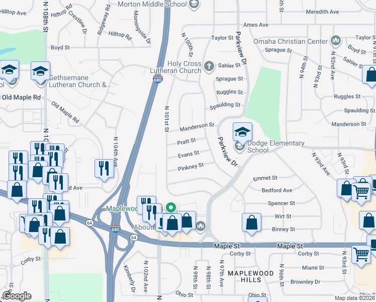 map of restaurants, bars, coffee shops, grocery stores, and more near 10006 Pinkney Street in Omaha