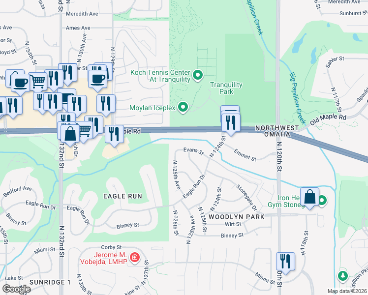 map of restaurants, bars, coffee shops, grocery stores, and more near 3509 North 125th Avenue in Omaha