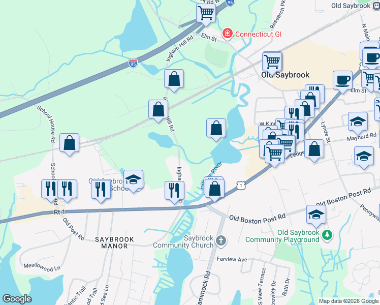 map of restaurants, bars, coffee shops, grocery stores, and more near 64 Ingham Hill Road in Old Saybrook