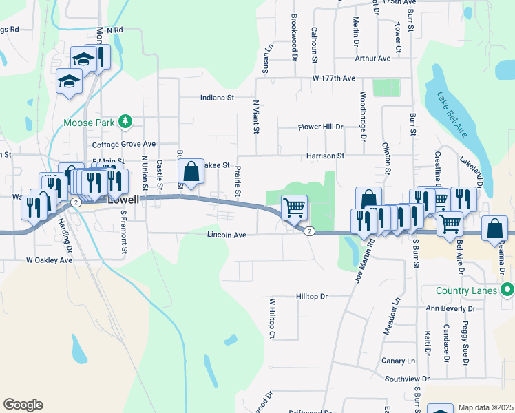 map of restaurants, bars, coffee shops, grocery stores, and more near 134 South Viant Street in Lowell
