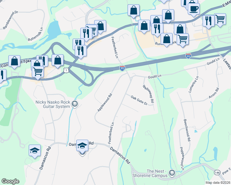 map of restaurants, bars, coffee shops, grocery stores, and more near 36 Applewood Road in Branford