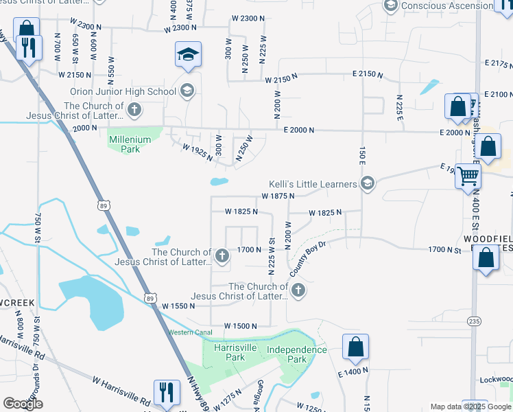 map of restaurants, bars, coffee shops, grocery stores, and more near 3171 West 275 North in North Ogden