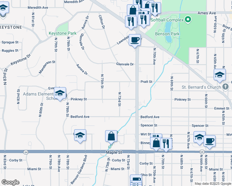 map of restaurants, bars, coffee shops, grocery stores, and more near 7314 Pinkney Street in Omaha