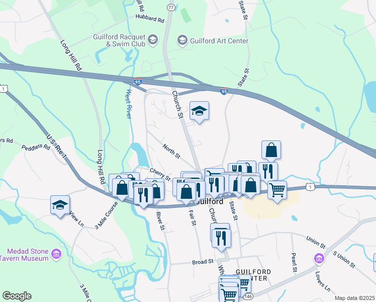 map of restaurants, bars, coffee shops, grocery stores, and more near 190 Church Street in Guilford