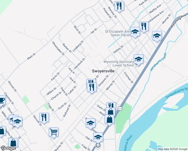 map of restaurants, bars, coffee shops, grocery stores, and more near 223 Watkins Street in Swoyersville