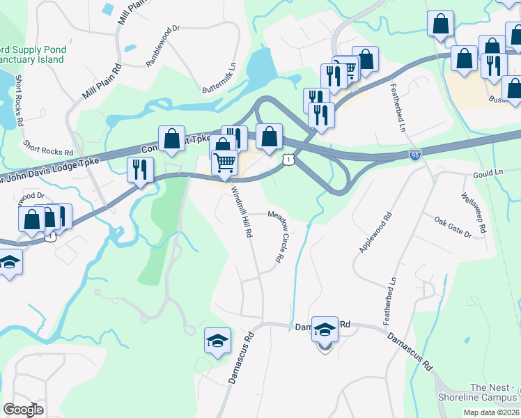 map of restaurants, bars, coffee shops, grocery stores, and more near 15 Meadow Circle Road in Branford