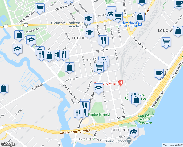 map of restaurants, bars, coffee shops, grocery stores, and more near 6 Arthur Street in New Haven