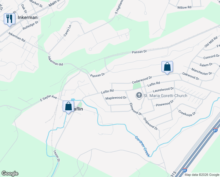 map of restaurants, bars, coffee shops, grocery stores, and more near 138 Cedarwood Dr in Wilkes-Barre