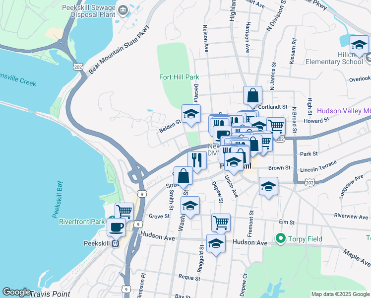 map of restaurants, bars, coffee shops, grocery stores, and more near 710 Main Street in Peekskill
