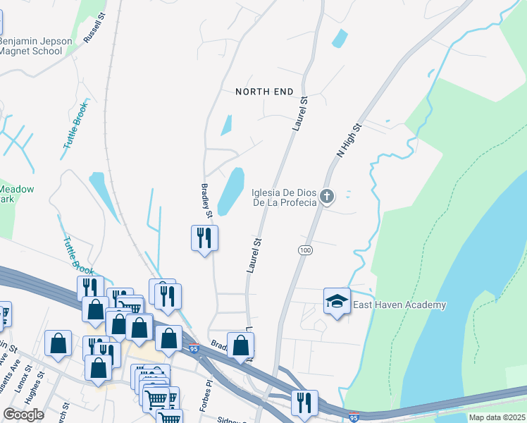 map of restaurants, bars, coffee shops, grocery stores, and more near 200 Laurel Street in East Haven