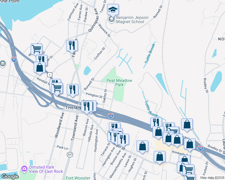 map of restaurants, bars, coffee shops, grocery stores, and more near 108 Irvington Street in New Haven