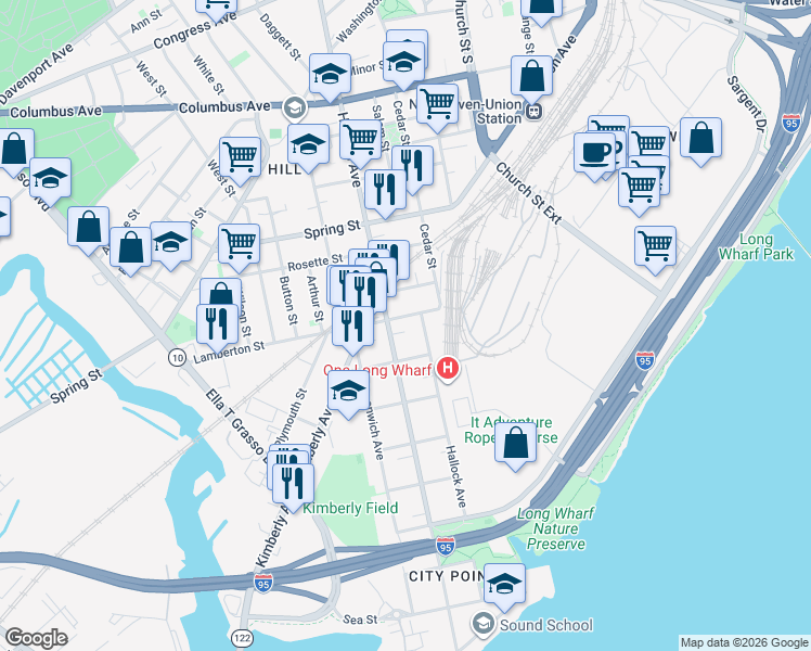 map of restaurants, bars, coffee shops, grocery stores, and more near 41 1st Street in New Haven