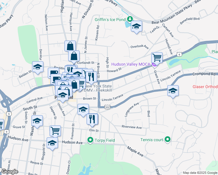 map of restaurants, bars, coffee shops, grocery stores, and more near 1223 Park Street in Peekskill