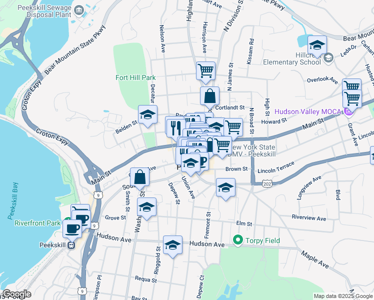 map of restaurants, bars, coffee shops, grocery stores, and more near in Peekskill