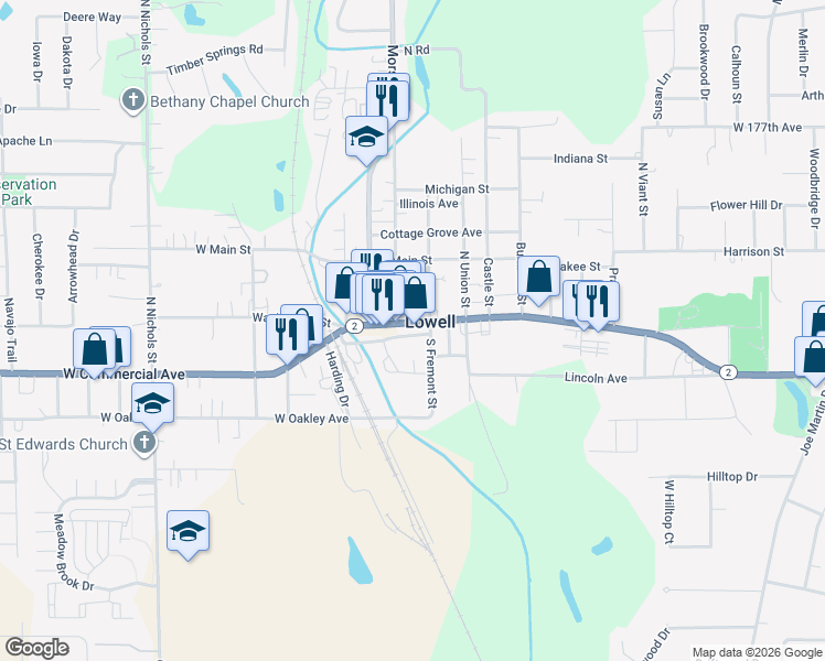 map of restaurants, bars, coffee shops, grocery stores, and more near 127 South Fremont Street in Lowell