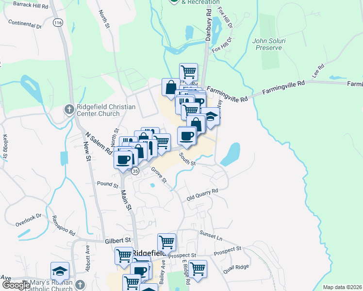 map of restaurants, bars, coffee shops, grocery stores, and more near 15 South Street in Ridgefield