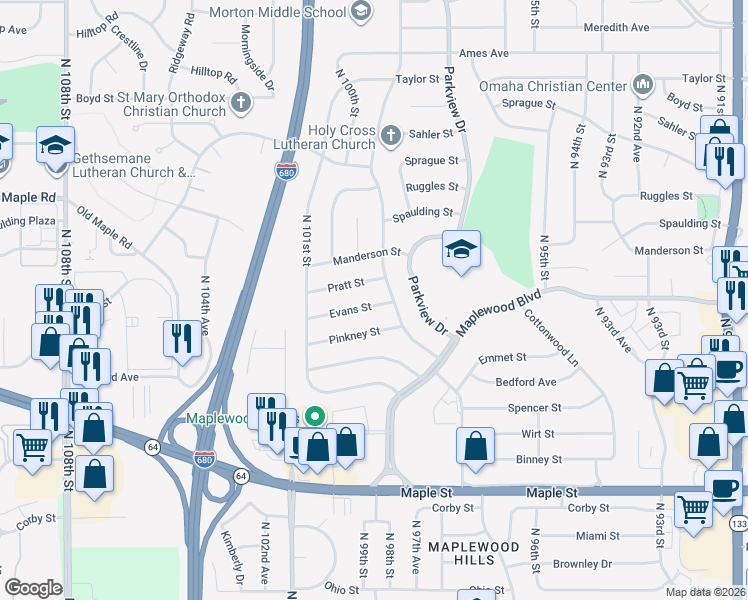 map of restaurants, bars, coffee shops, grocery stores, and more near 3504 Terrace Drive in Omaha