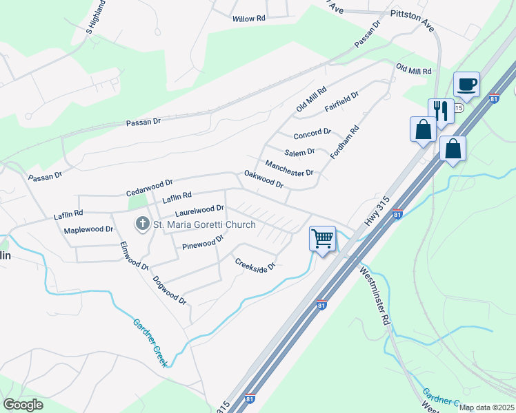 map of restaurants, bars, coffee shops, grocery stores, and more near 162 Haverford Drive in Wilkes-Barre