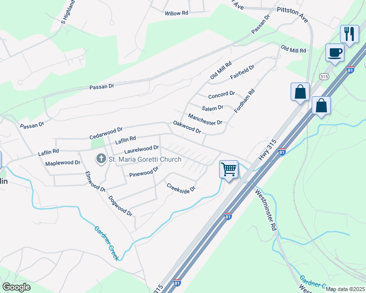 map of restaurants, bars, coffee shops, grocery stores, and more near 162 Haverford Drive in Wilkes-Barre