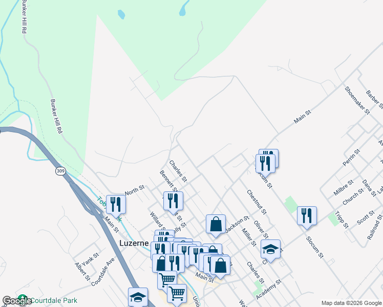 map of restaurants, bars, coffee shops, grocery stores, and more near 899-901 Miller Street in Luzerne
