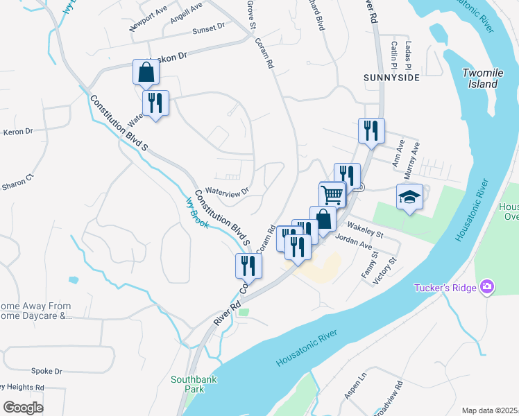 map of restaurants, bars, coffee shops, grocery stores, and more near Katherine Court in Shelton