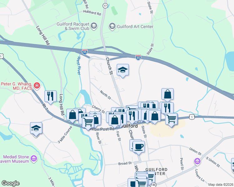 map of restaurants, bars, coffee shops, grocery stores, and more near 274 Church Street in Guilford
