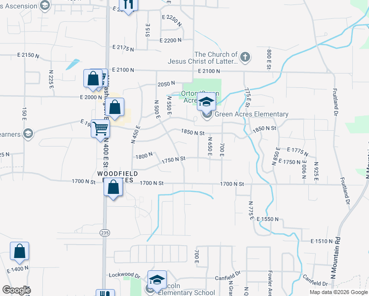 map of restaurants, bars, coffee shops, grocery stores, and more near 605 1850 North Street in Ogden