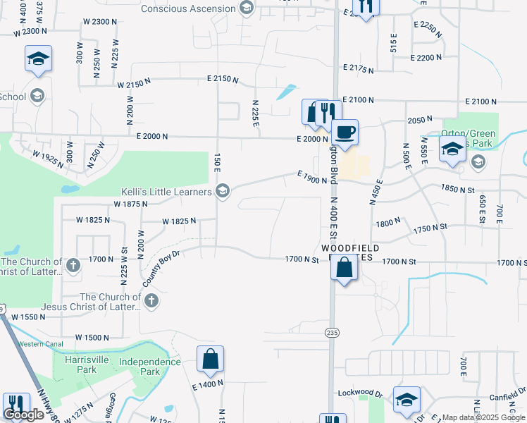 map of restaurants, bars, coffee shops, grocery stores, and more near 253 East 1900 North in Ogden