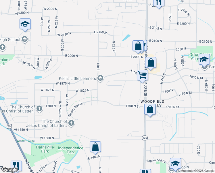 map of restaurants, bars, coffee shops, grocery stores, and more near 187 East 1900 North in North Ogden