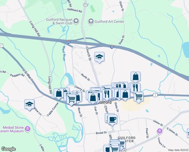 map of restaurants, bars, coffee shops, grocery stores, and more near 303 Church Street in Guilford