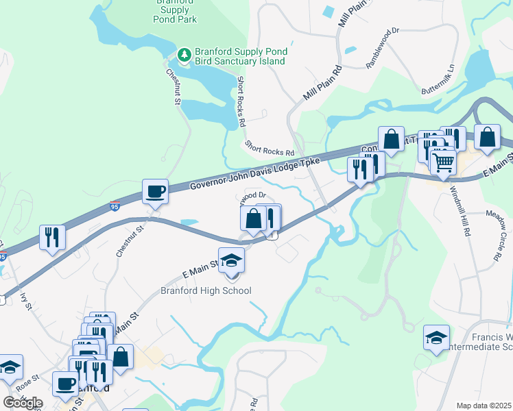 map of restaurants, bars, coffee shops, grocery stores, and more near 63 Manorwood Drive in Branford